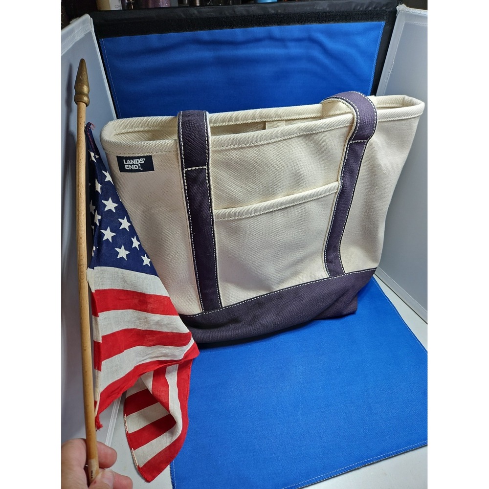 Lands End Canvas Tote Bag 5-Pocket Open Top Cotton 10x13x11 Navy Blue/Ivory Med